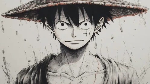 Storm-soaked wanderer stands tall with steady, fearless gaze