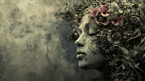 Floral stone goddess emerges from textured, dreamlike decay.