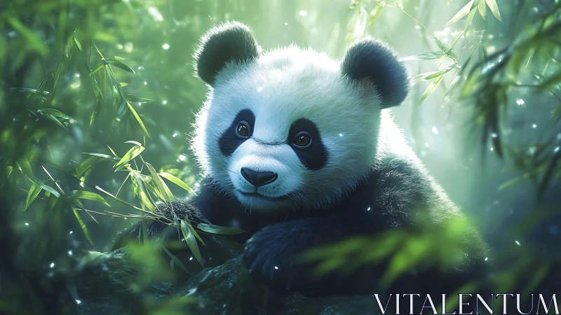 Luminous bamboo glade with hyper-detailed juvenile panda study.