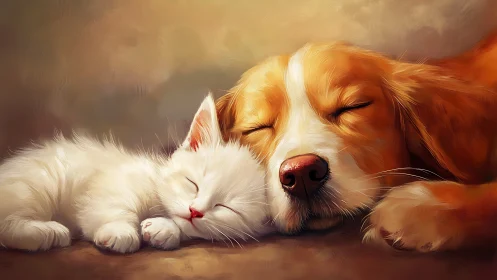 White Cat and Brown Dog Resting Together in Repose.