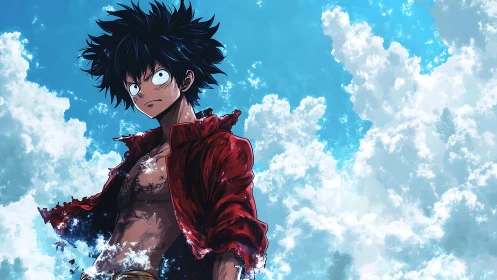 Anime male figure in red shirt against bright clouded sky.