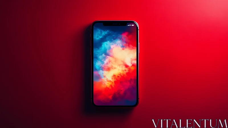 Pocket nebula ignites within sleek smartphone altar of red.