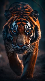 Stalking tiger strides forward through moody twilight haze