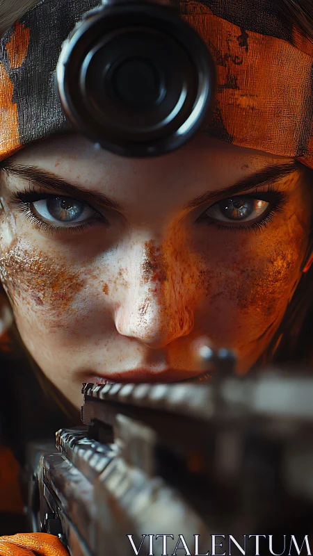 Battle-worn sniper portrait with intense shallow focus gaze.