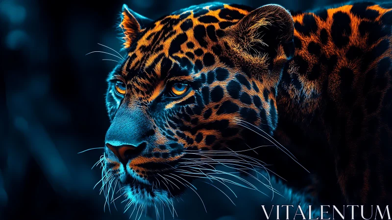 Neon Leopard's Amber Gaze in Darkness.