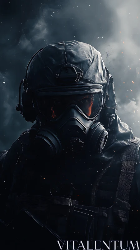 Tactical operator in gas mask amid burning smoke field.