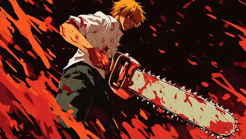 Blood-soaked youth swings massive chainsaw in crimson storm