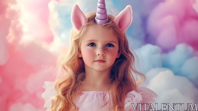 Dreamy unicorn girl stands amid pastel fantasy clouds.