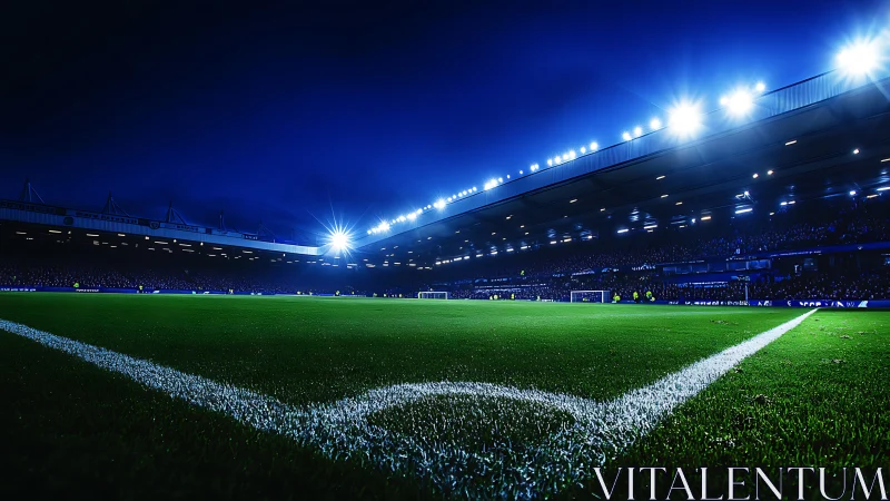 Floodlit green cathedral awaiting night football thunder.
