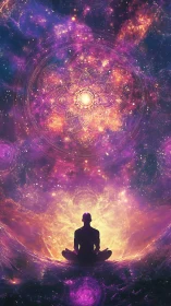 Meditating silhouette aligns with radiant cosmic mandala field