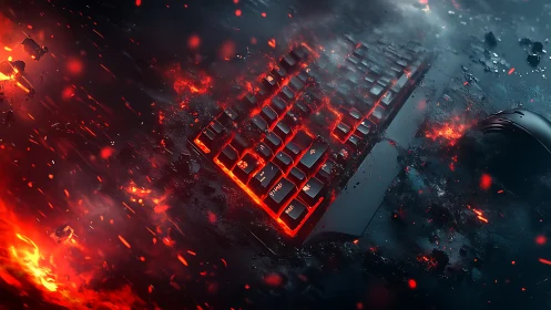 Mechanical gaming keyboard in molten lava environment.