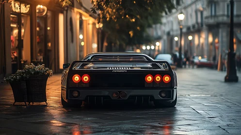 Rear view of black sports car on wet evening city street.
