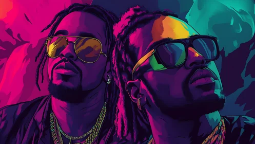 Neon twin kings drifting through electric sunset glow.