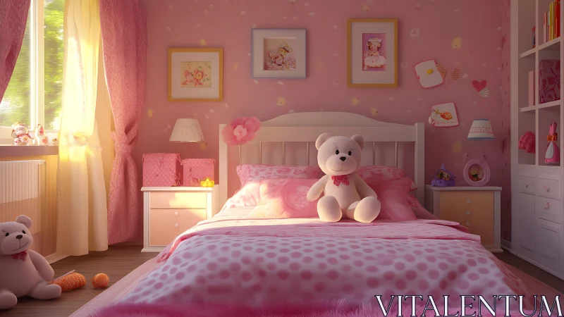 Soft pink girls bedroom glows with plush toys at sunrise