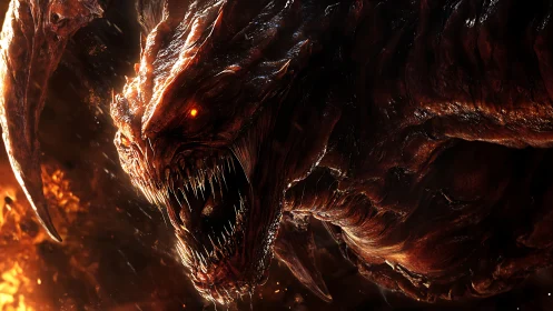 Infernal beast lunging from molten shadows in 3D realism.