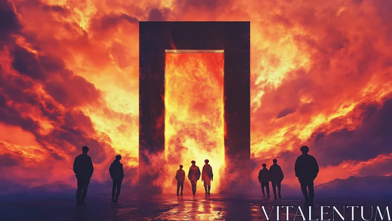 Crimson sky gateway where wanderers step into firelit dreams.