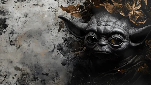 Digital render shows stylized alien figure beside textured wall