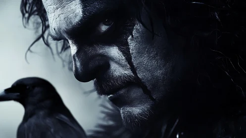 Crow-marked avenger glares through storm-dark, vengeful dusk.