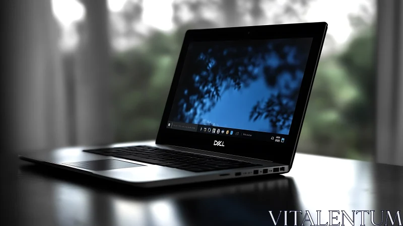 Slim metal laptop with reflective glossy display and shallow DOF