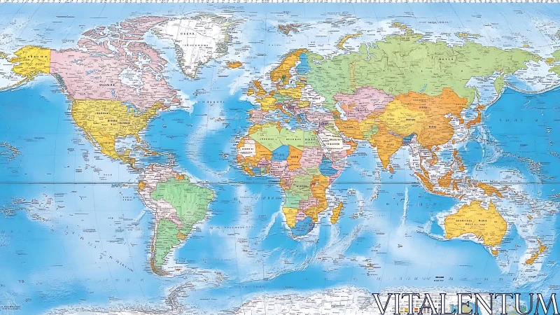 Political world map uses cylindrical projection and pastel coding