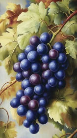 Oil still life of ripe grape cluster with luminous foliage.