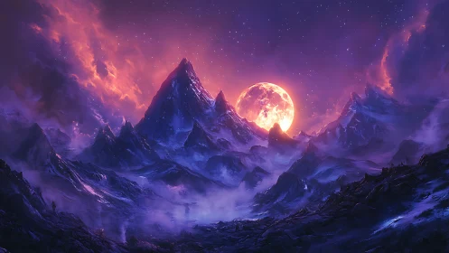 Moonlit alien mountains under vivid purple night sky.