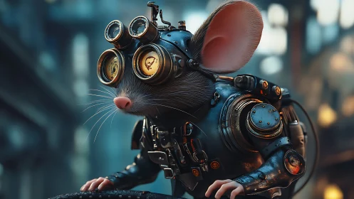 Steampunk mouse explorer scans industrial city at dusk