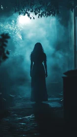 Silhouetted woman in foggy backlit alley under cyan moonlight
