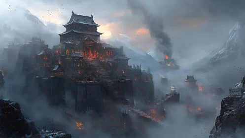 Burning mountain fortress dominates a misty frozen valley