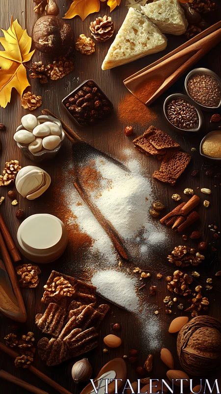 Rustic autumn baking ingredients glow in warm morning light