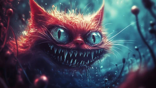 Midnight grinning cat spirit in a glowing dream forest.