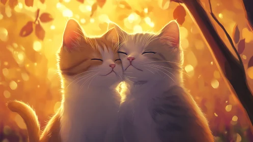 Luminous Feline Pair in Autumn Bokeh: Digital Rendering Study.