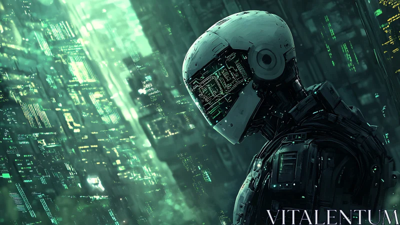 Cyborg profile against dense neon green futuristic city.