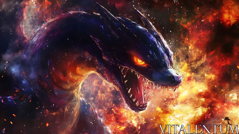 Cosmic fire dragon erupting from swirling nebula blaze.