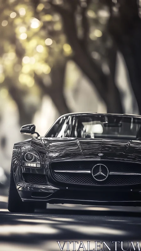 Black Mercedes sports car parked on shaded city street.