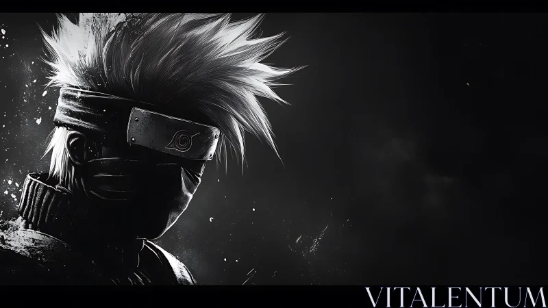 High-contrast monochrome ninja portrait with dynamic rim lighting