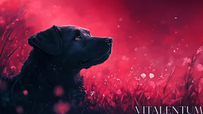 Black retriever gazes upward in luminous crimson meadow