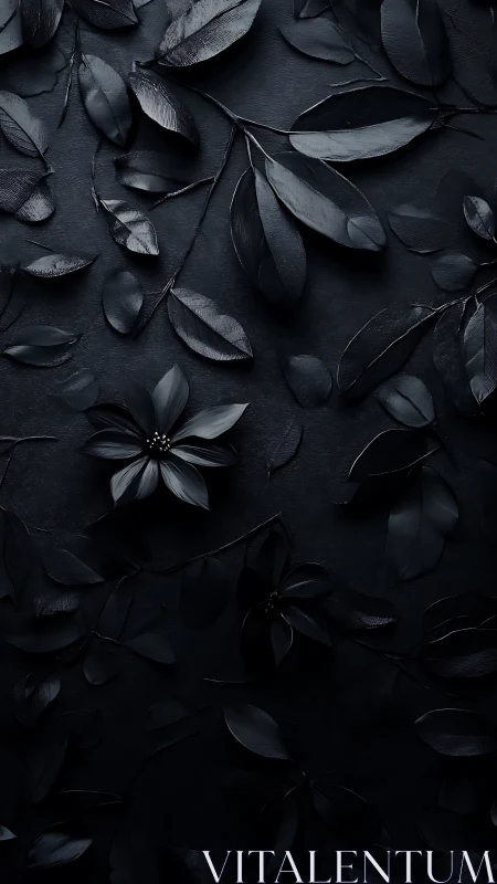 Monochrome botanical relief with glossy ebony foliage surface.