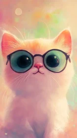 Fluffy white cat wearing oversized round glasses in pastel gradient environment