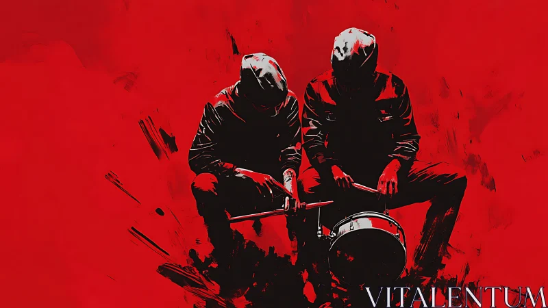Hooded street drummers in graphic red monotone illustration.