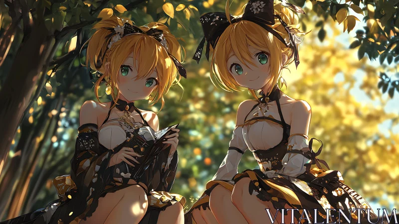 Twin anime girls under bokeh canopy with intricate ribboned dresses