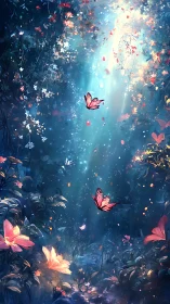Enchanted butterflies drifting through luminous forest haze.