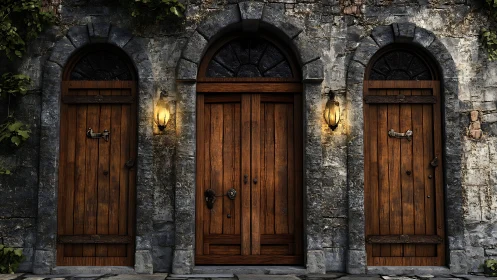Triptych of arched wooden doors in aged stone wall with lamps