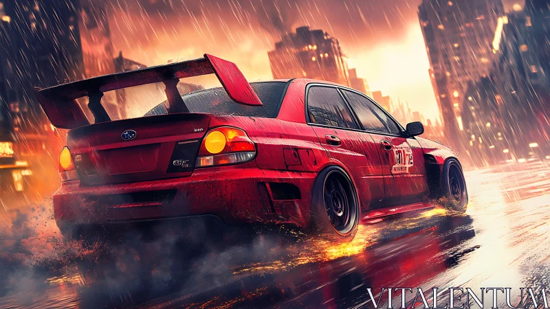 Red rally car drifts through neon city storm at night.