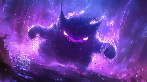 Ghostly purple beast charges through neon storm of energy.