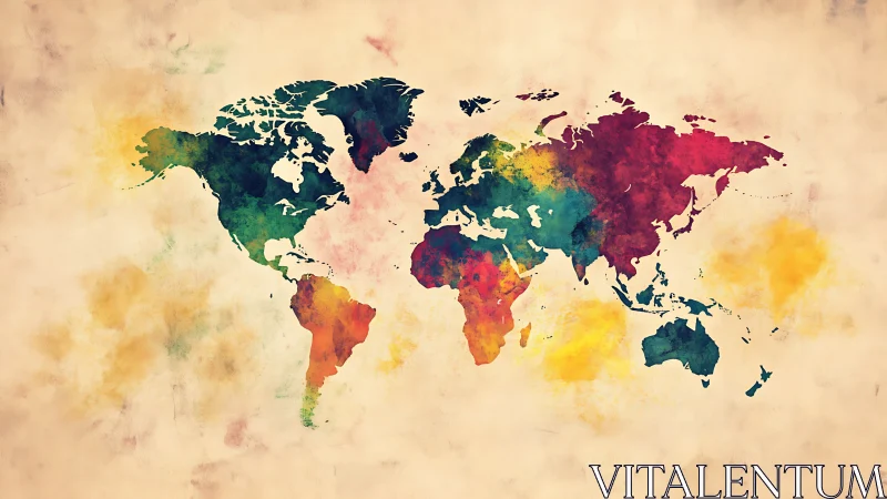 Multicolor watercolor world map with soft geographic abstraction