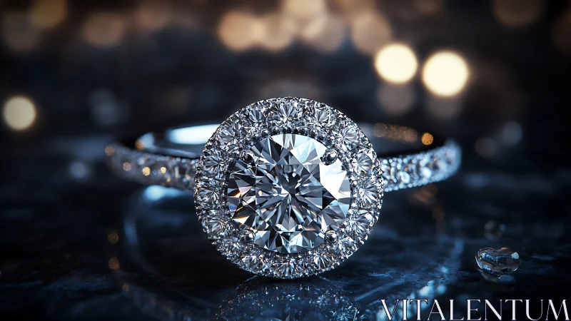 Halo diamond engagement ring on reflective dark surface.
