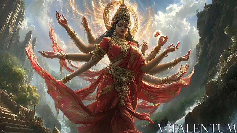 Radiant many-armed goddess ascends through stormlit canyon sky.