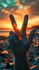 Sunlit peace hand gesture in teal orange coastal glow.