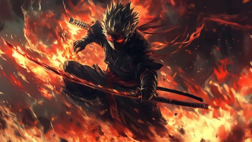 Fire-clad ninja warrior slashes through blazing inferno.